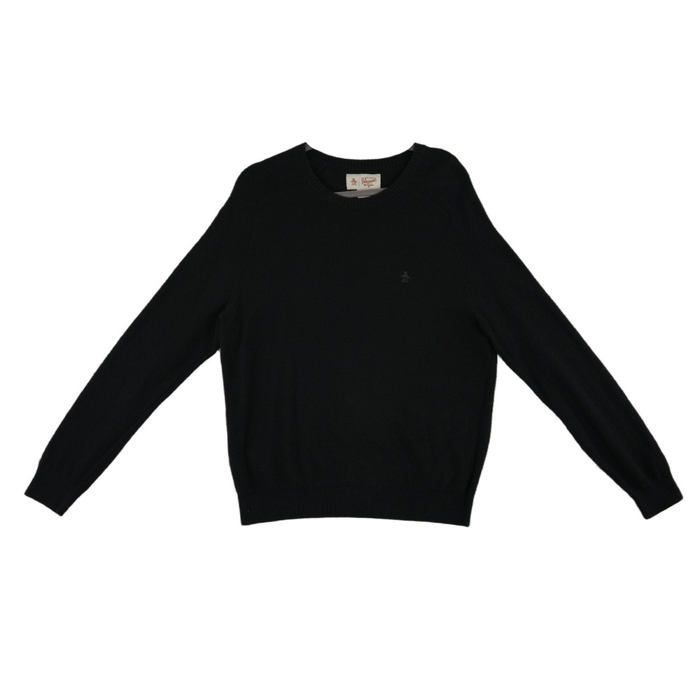 Original Penguin Sweater Men's Size Large Black Waffle Knit 100% Cotton Crewneck